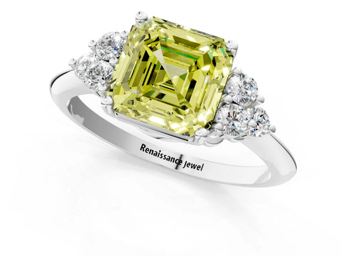 White gold Fancy Yellow Asscher Cut Cut Diamond Cluster Ring with Solitaire Band and Four-Prong Setting_49