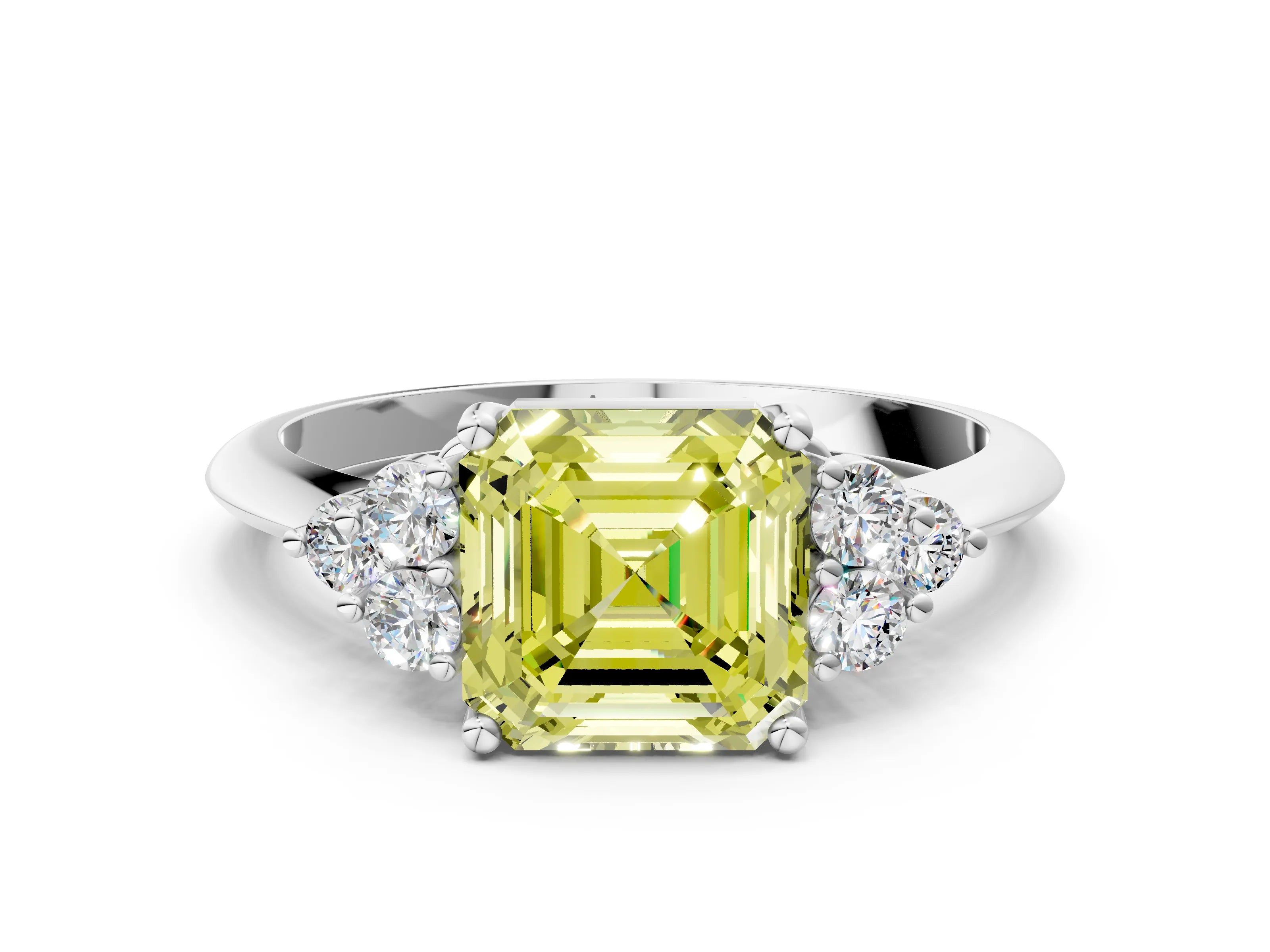 White gold Fancy Yellow Asscher Cut Cut Diamond Cluster Ring with Solitaire Band and Four-Prong Setting