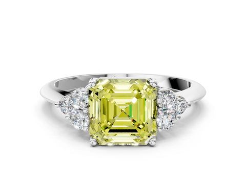 White gold Fancy Yellow Asscher Cut Cut Diamond Cluster Ring with Solitaire Band and Four-Prong Setting