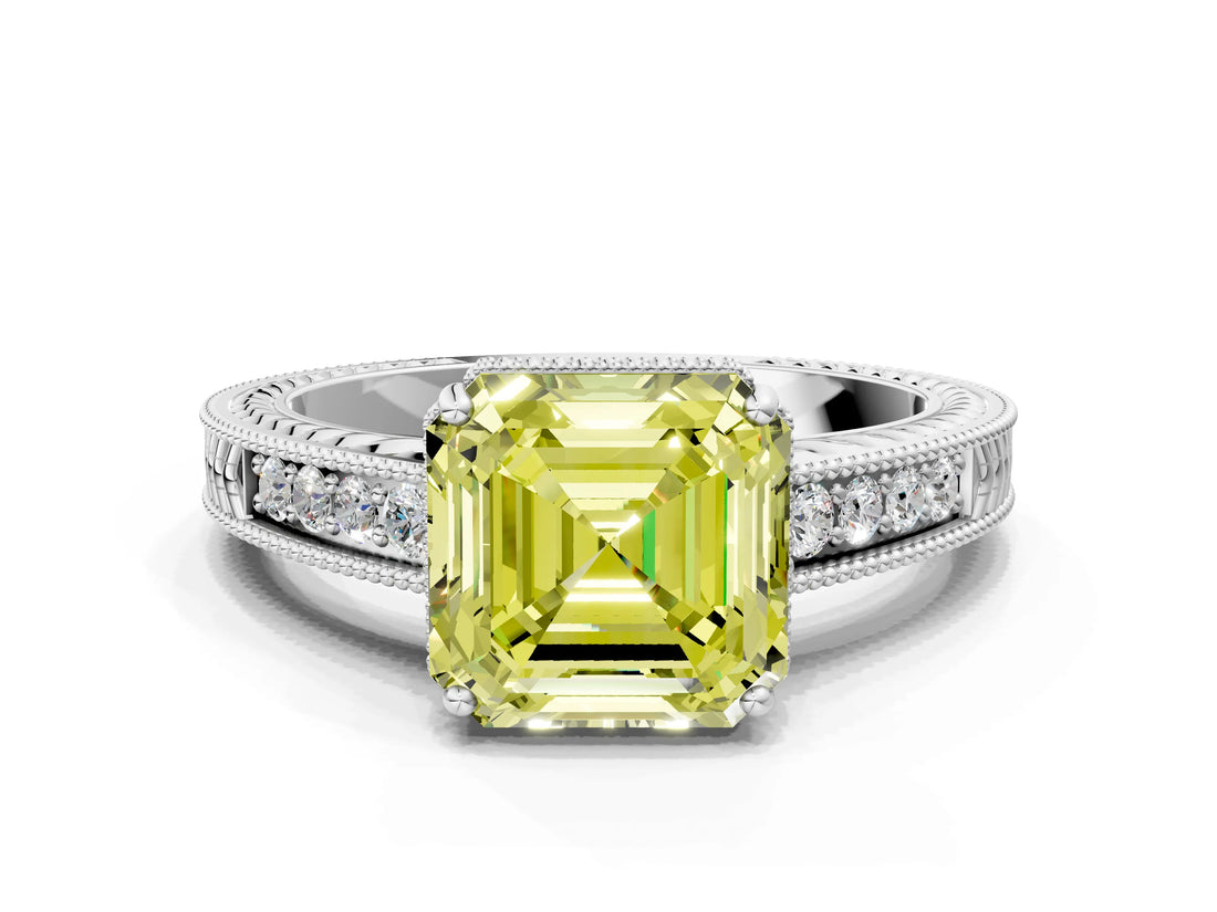White gold Fancy Yellow Asscher Cut Cut Diamond Milgrain Pave Band Four-Prong Setting Ring_38