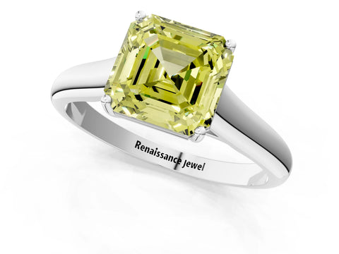 White gold Fancy Yellow Asscher Cut Cut Diamond Solitaire Engagement Ring with Tapered Plain Band and Four-Prong Setting_13