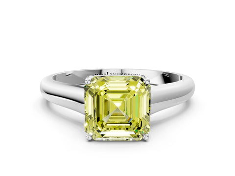 White gold Fancy Yellow Asscher Cut Cut Diamond Solitaire Engagement Ring with Tapered Plain Band and Four-Prong Setting