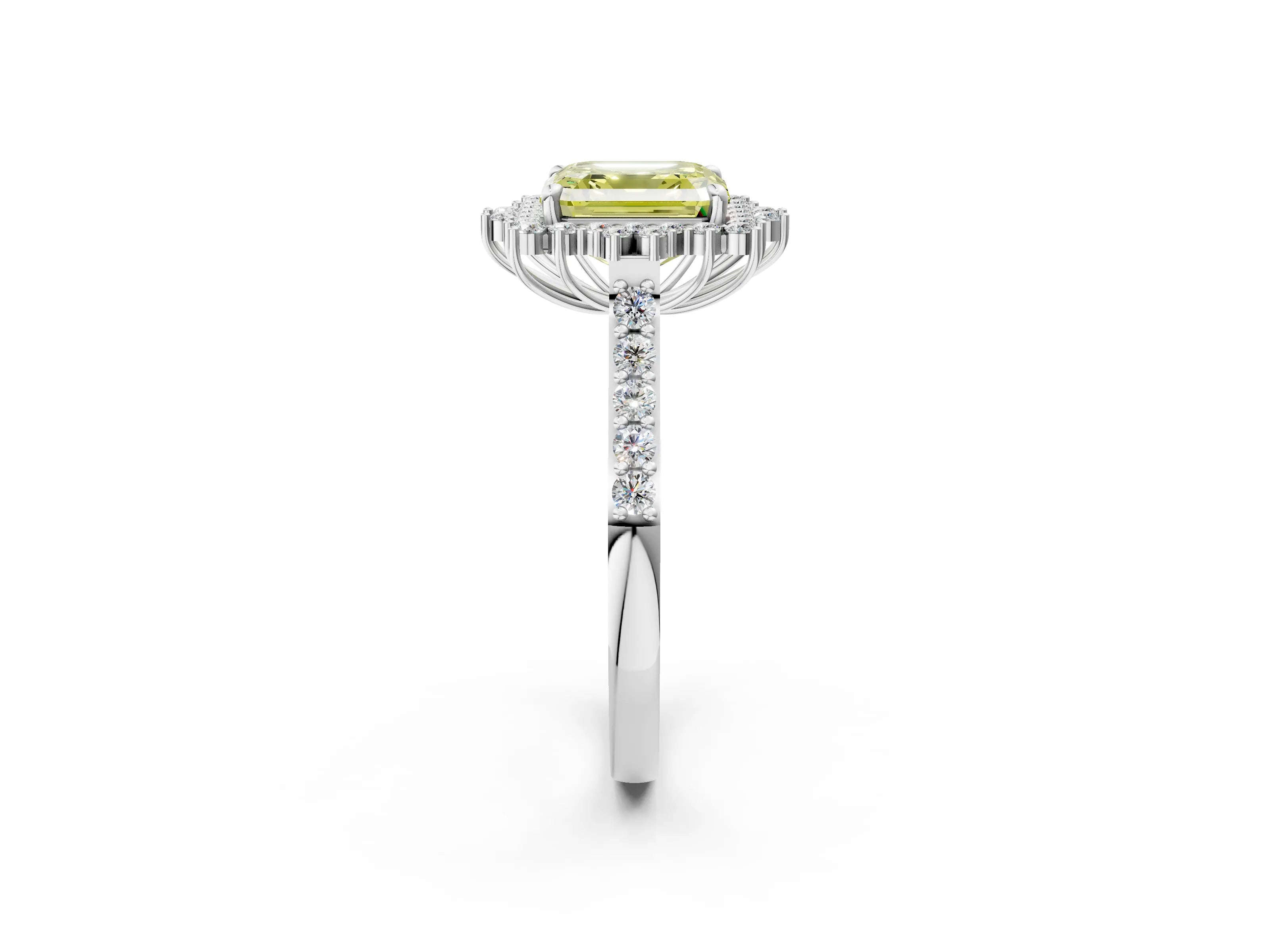 White gold Fancy Yellow Asscher Cut Cut Diamond Sunburst Halo Engagement Ring with Pavé Band_14