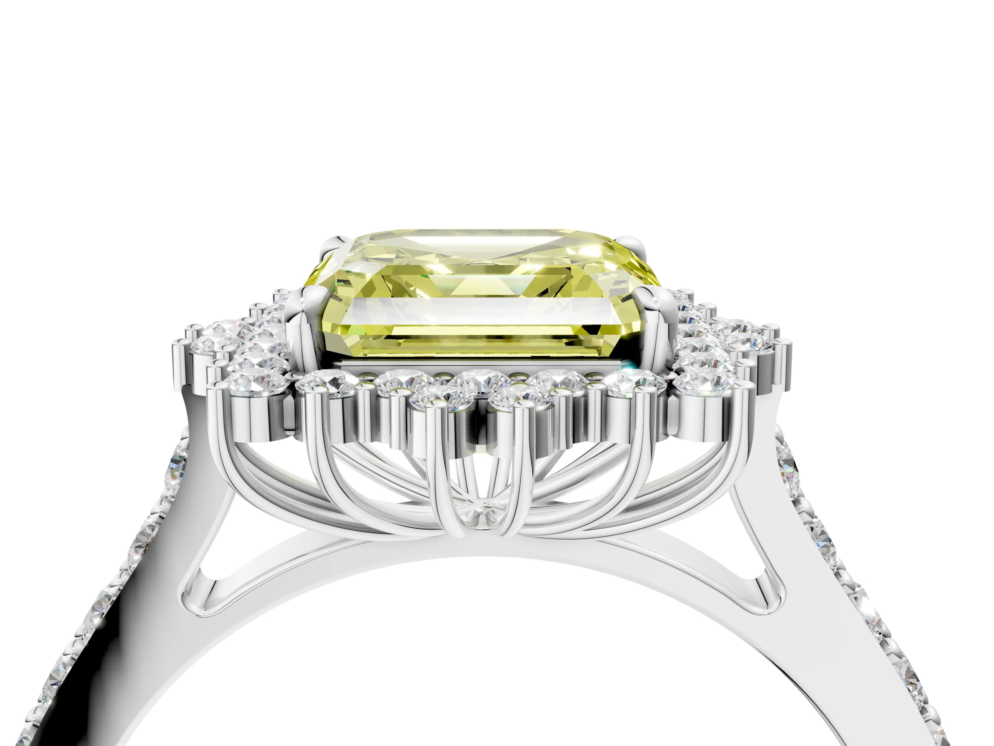 White gold Fancy Yellow Asscher Cut Cut Diamond Sunburst Halo Engagement Ring with Pavé Band_16