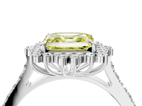 White gold Fancy Yellow Asscher Cut Cut Diamond Sunburst Halo Engagement Ring with Pavé Band_16