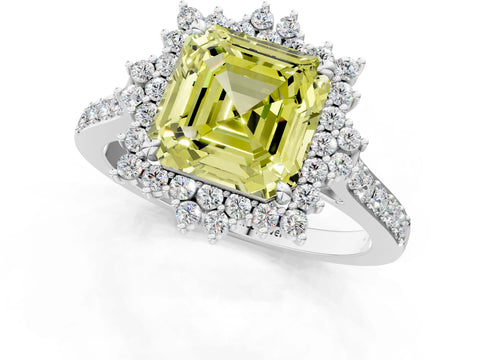 White gold Fancy Yellow Asscher Cut Cut Diamond Sunburst Halo Engagement Ring with Pavé Band_1