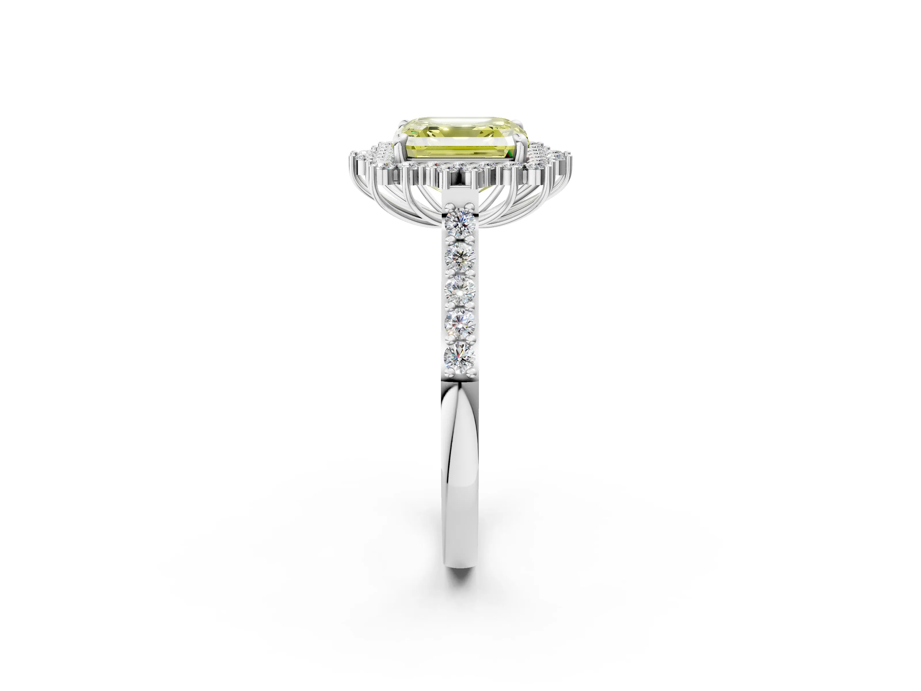 White gold Fancy Yellow Asscher Cut Cut Diamond Sunburst Halo Engagement Ring with Pavé Band_2