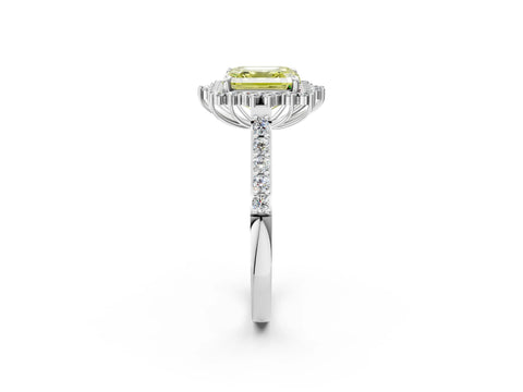 White gold Fancy Yellow Asscher Cut Cut Diamond Sunburst Halo Engagement Ring with Pavé Band_2