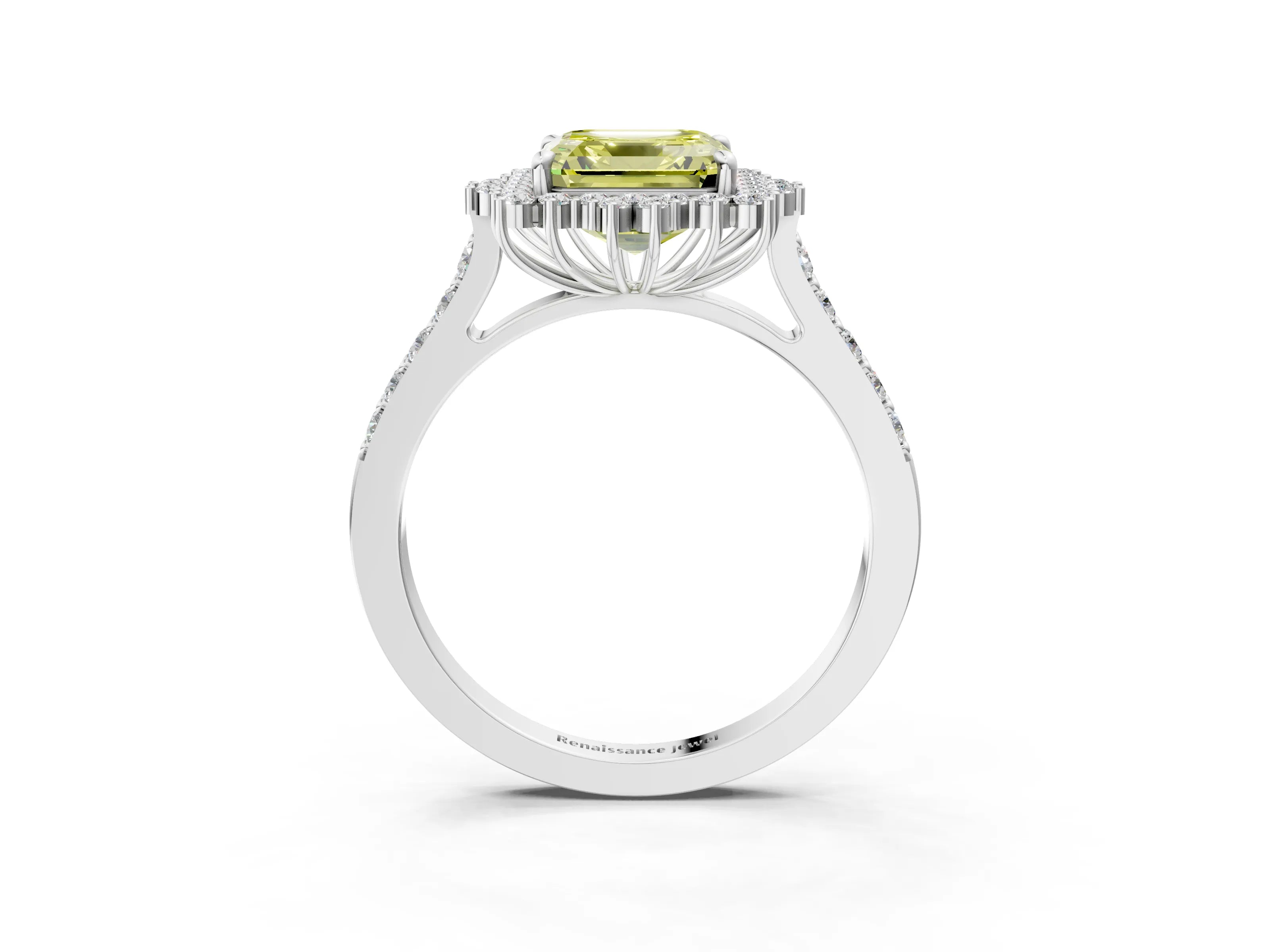 White gold Fancy Yellow Asscher Cut Cut Diamond Sunburst Halo Engagement Ring with Pavé Band_3