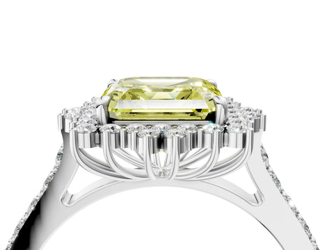 White gold Fancy Yellow Asscher Cut Cut Diamond Sunburst Halo Engagement Ring with Pavé Band_4