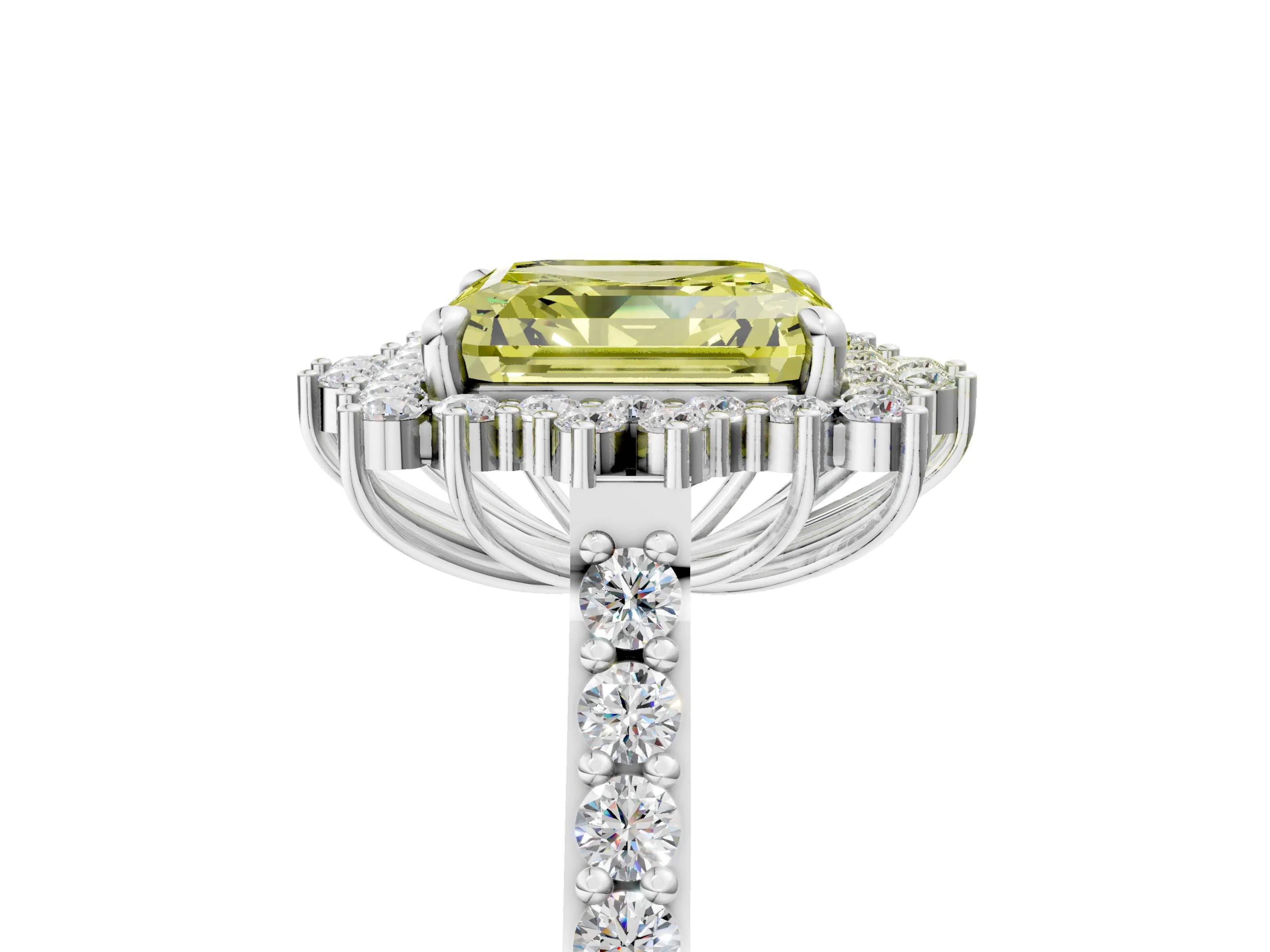 White gold Fancy Yellow Asscher Cut Cut Diamond Sunburst Halo Engagement Ring with Pavé Band_5