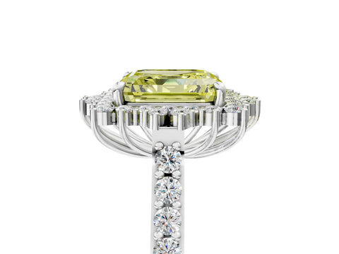 White gold Fancy Yellow Asscher Cut Cut Diamond Sunburst Halo Engagement Ring with Pavé Band_5
