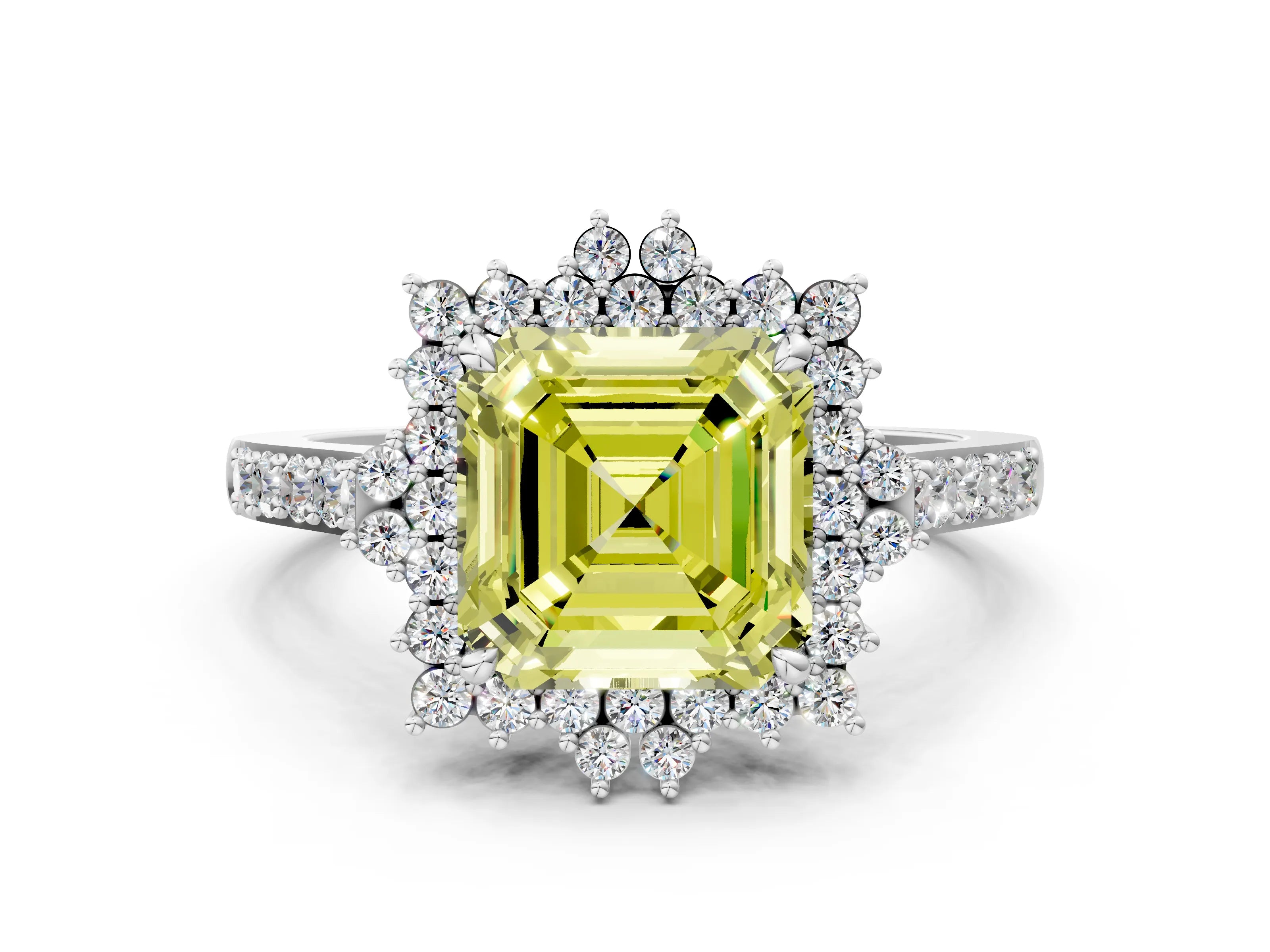 White gold Fancy Yellow Asscher Cut Cut Diamond Sunburst Halo Engagement Ring with Pavé Band