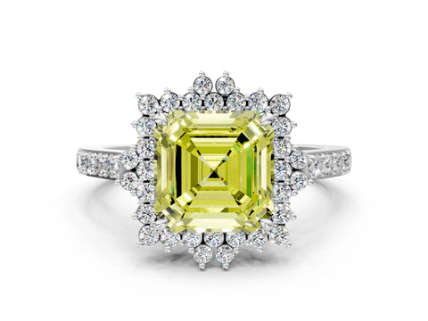 White gold Fancy Yellow Asscher Cut Cut Diamond Sunburst Halo Engagement Ring with Pavé Band
