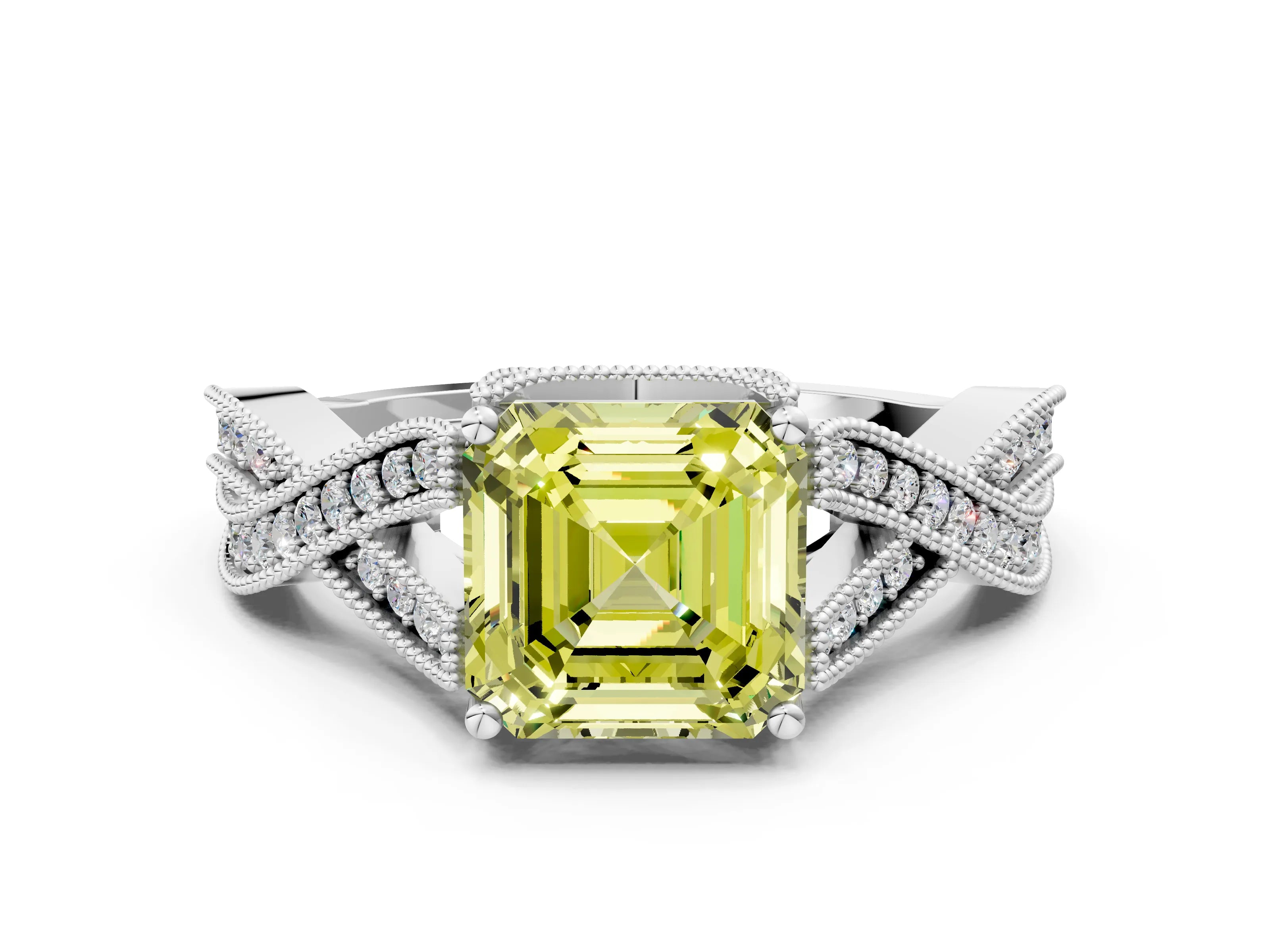 White gold Fancy Yellow Asscher Cut Cut Diamond Twisted Band with Milgrain Pave Setting and Four-Prong Setting_12