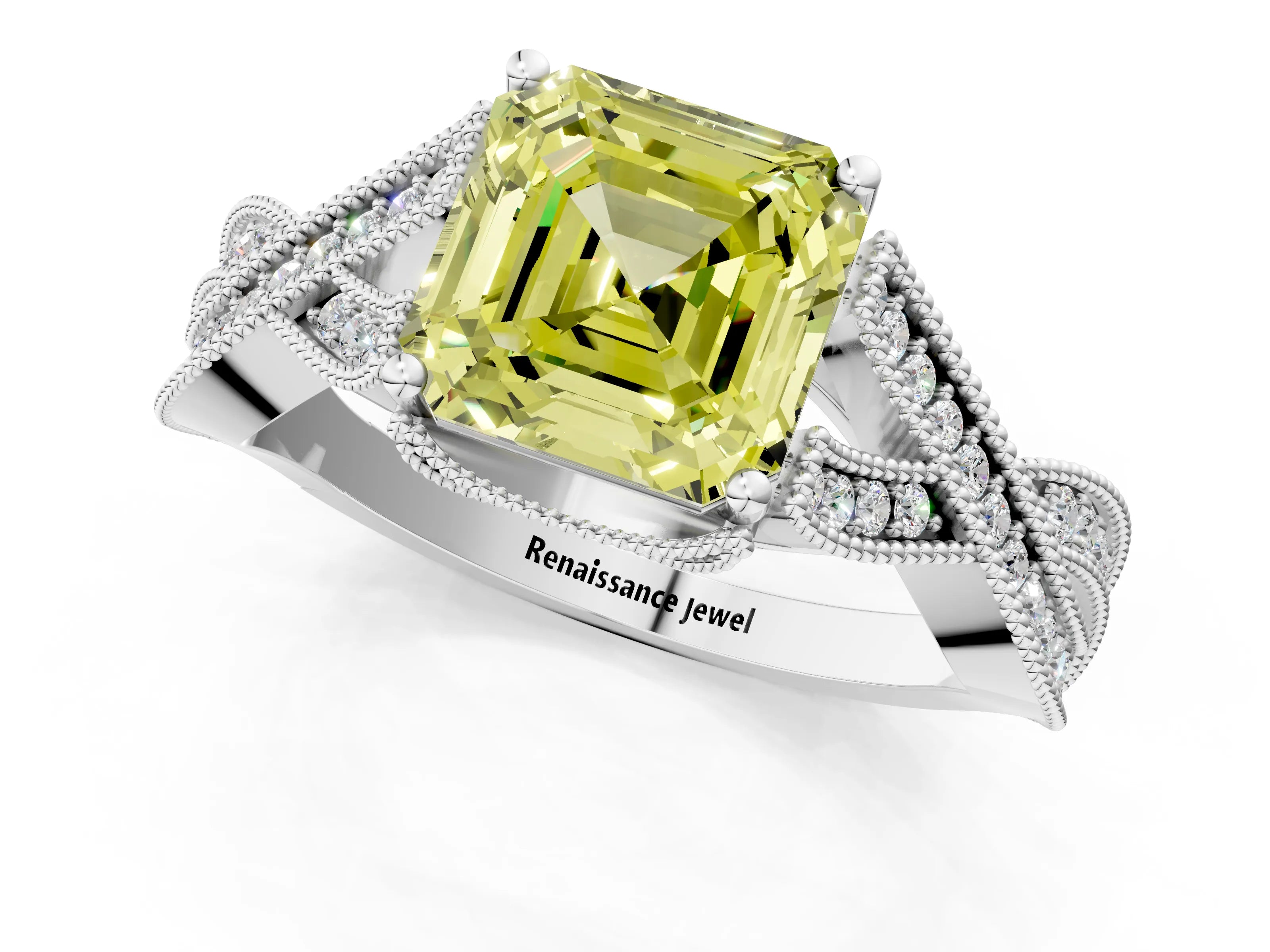 White gold Fancy Yellow Asscher Cut Cut Diamond Twisted Band with Milgrain Pave Setting and Four-Prong Setting_13