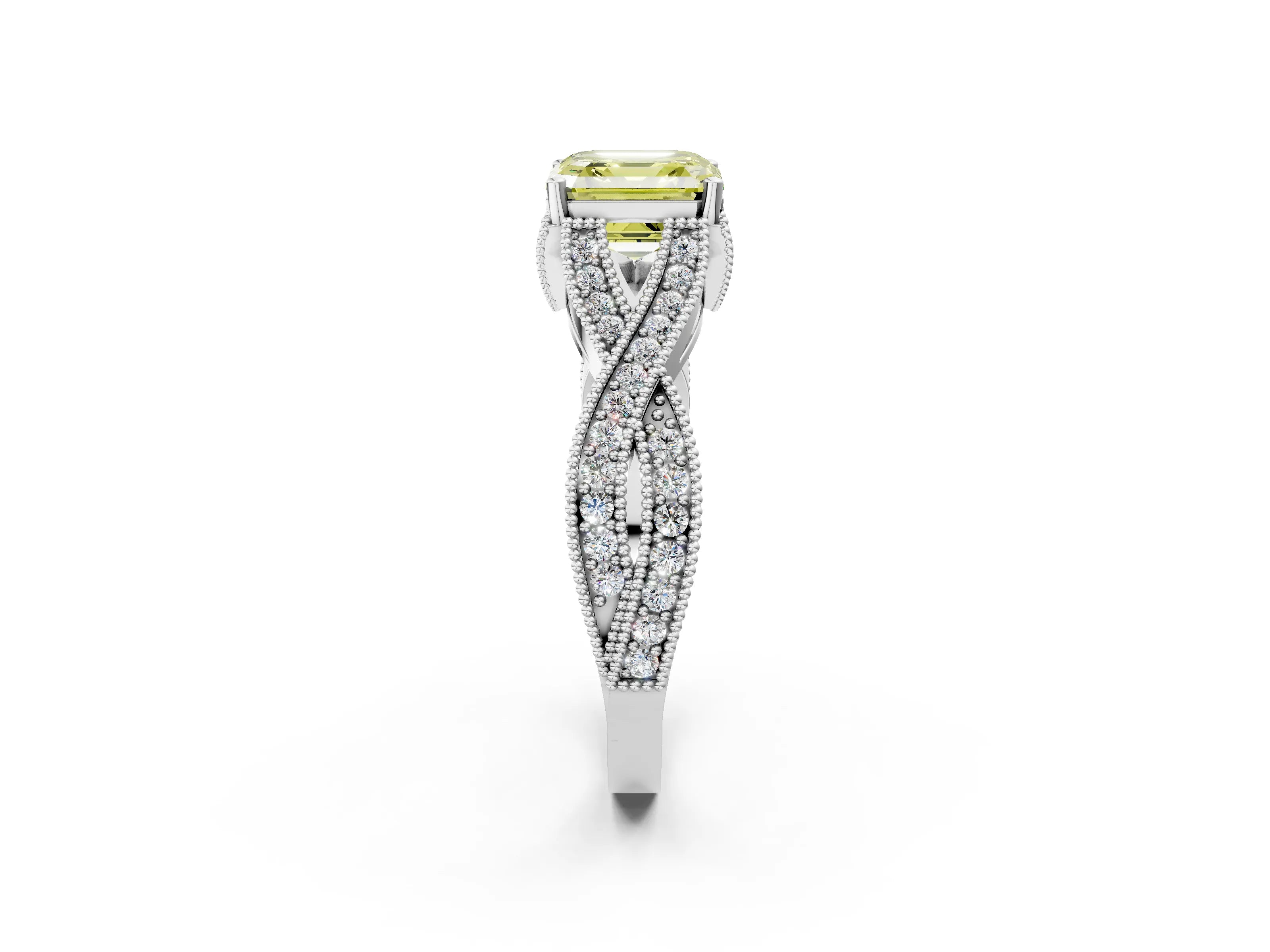 White gold Fancy Yellow Asscher Cut Cut Diamond Twisted Band with Milgrain Pave Setting and Four-Prong Setting_14