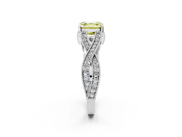White Gold Asscher Cut Graduated Pave Twist Engagement Ring Setting for Fancy Yellow Center
