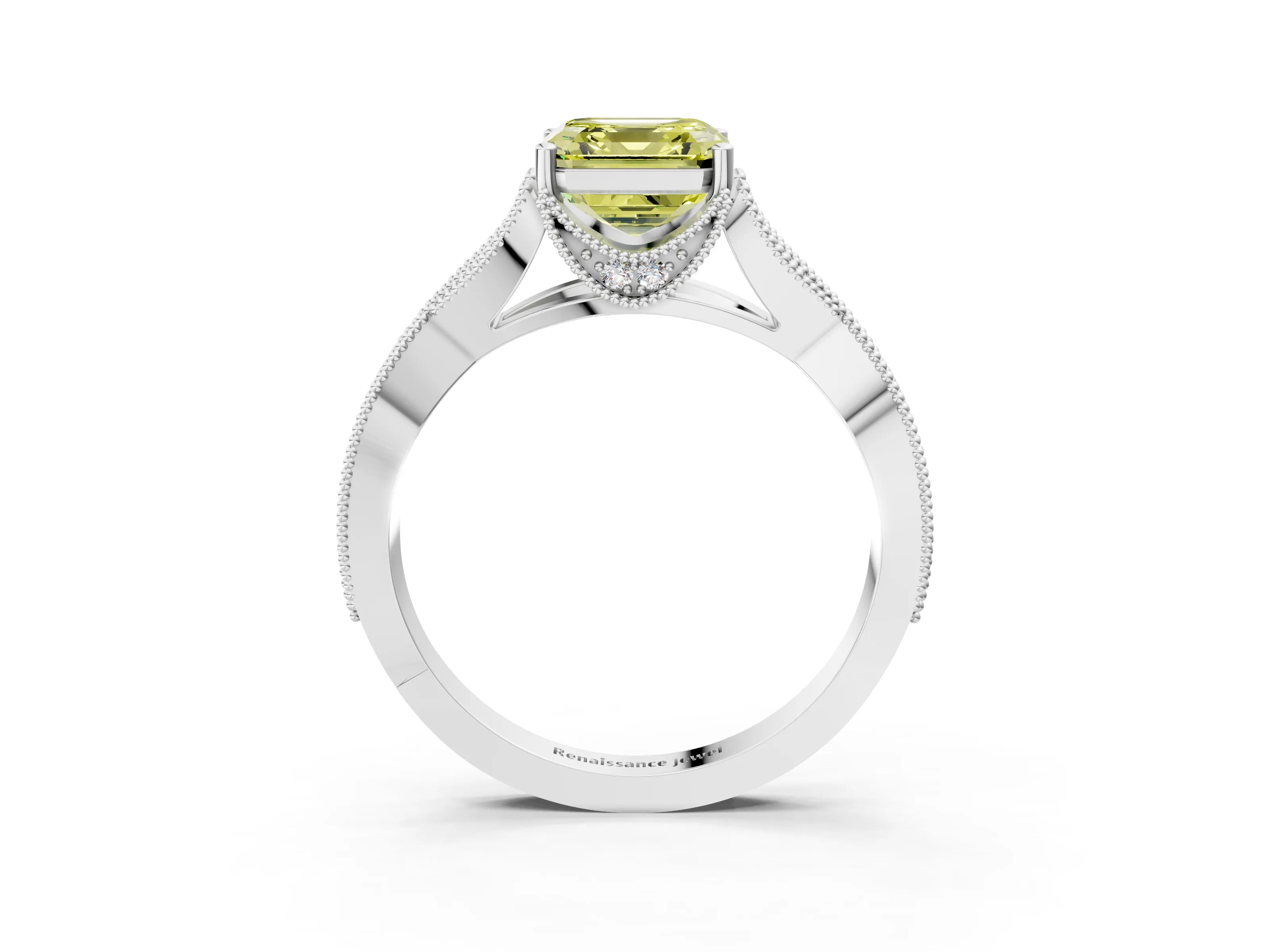 White gold Fancy Yellow Asscher Cut Cut Diamond Twisted Band with Milgrain Pave Setting and Four-Prong Setting_15