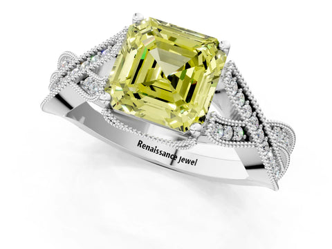 White gold Fancy Yellow Asscher Cut Cut Diamond Twisted Band with Milgrain Pave Setting and Four-Prong Setting_1