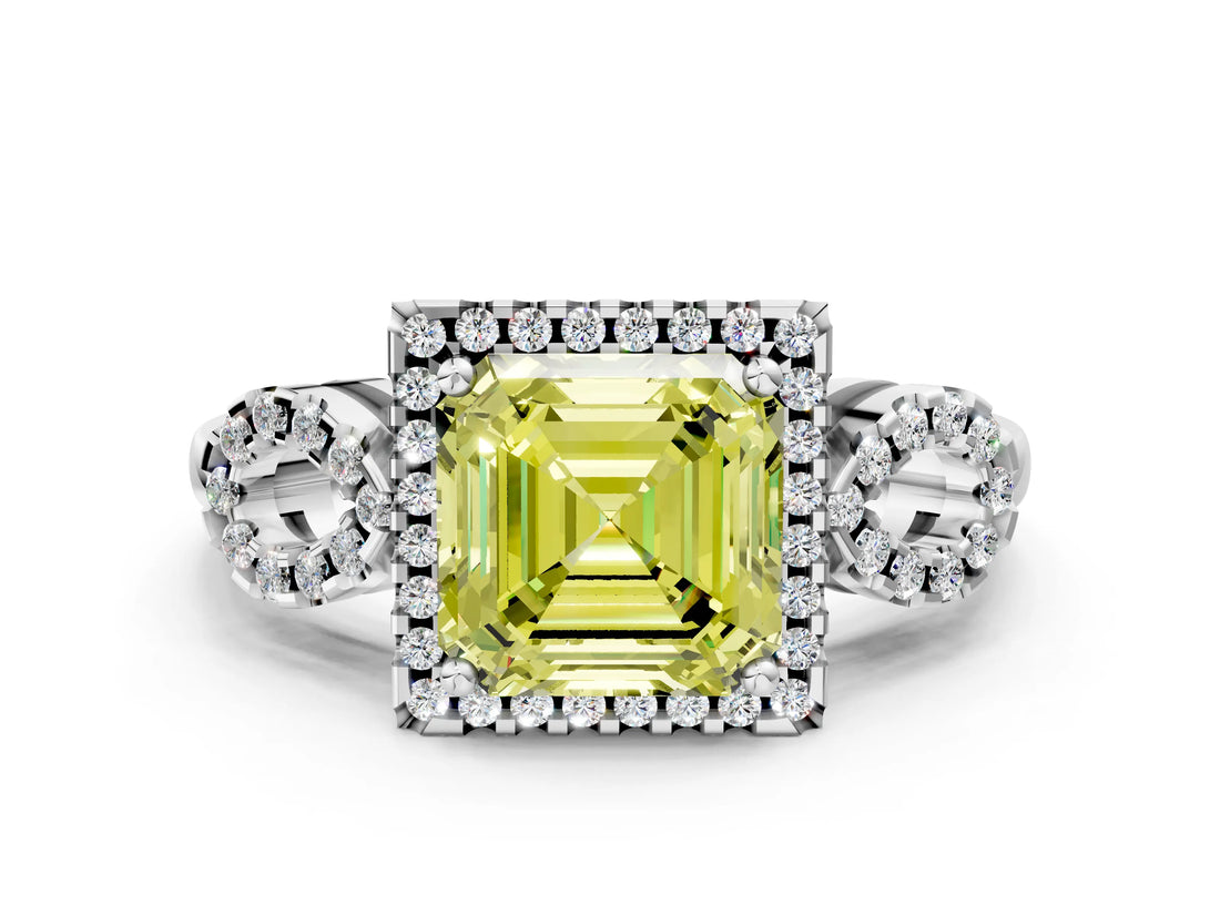 White gold Fancy Yellow Asscher Cut Cut Halo Diamond Infinity Band with Four-Prong Setting