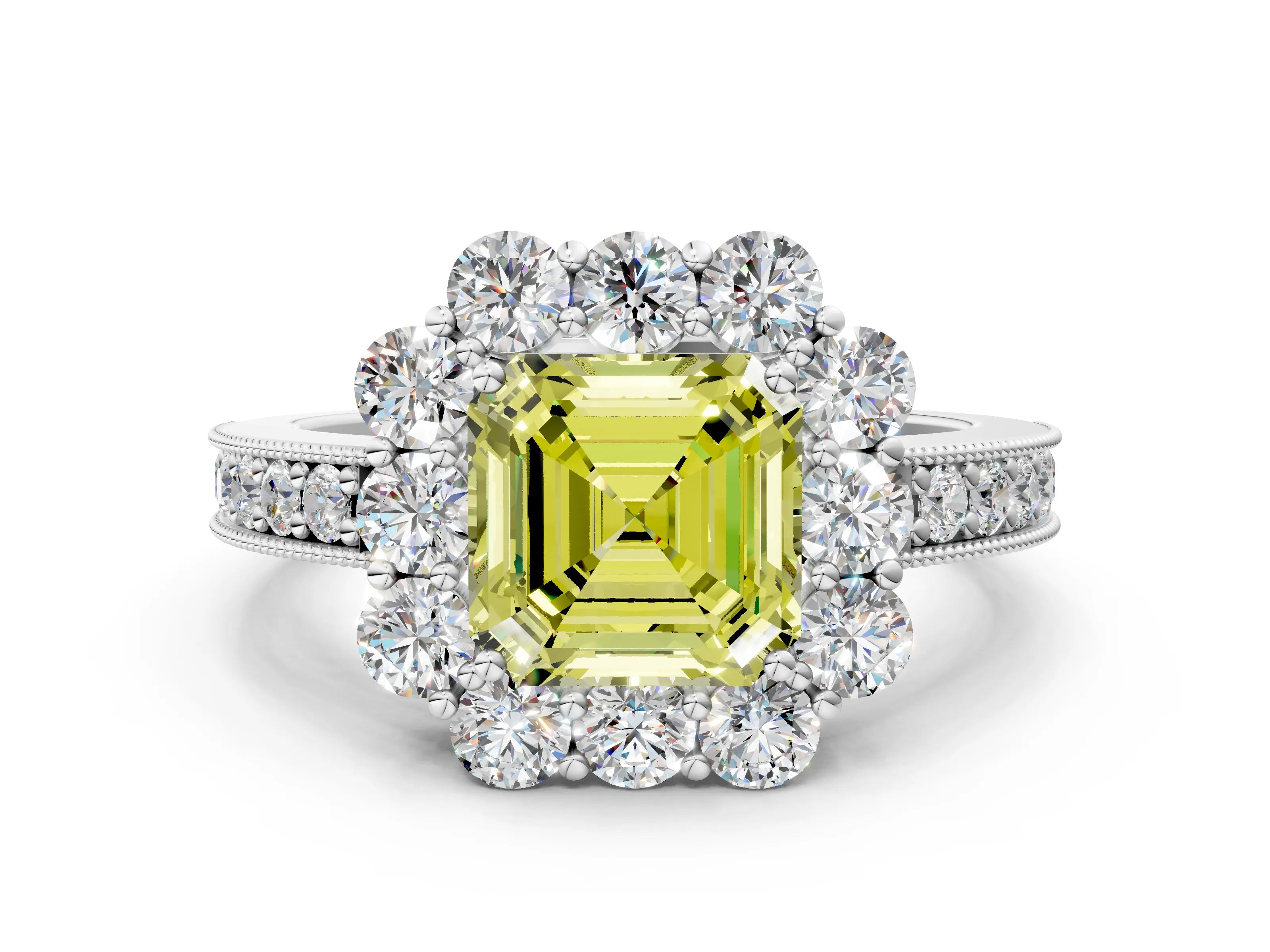 White gold Fancy Yellow Asscher Cut Cut Halo Diamond Pavé Engagement Ring with Milgrain Detailing_12