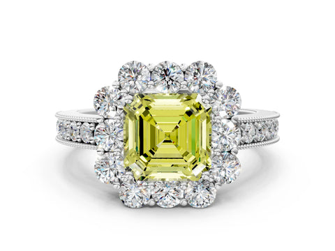 White gold Fancy Yellow Asscher Cut Cut Halo Diamond Pavé Engagement Ring with Milgrain Detailing_12