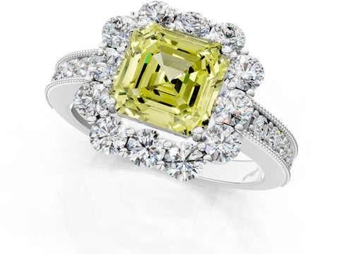 White gold Fancy Yellow Asscher Cut Cut Halo Diamond Pavé Engagement Ring with Milgrain Detailing_13