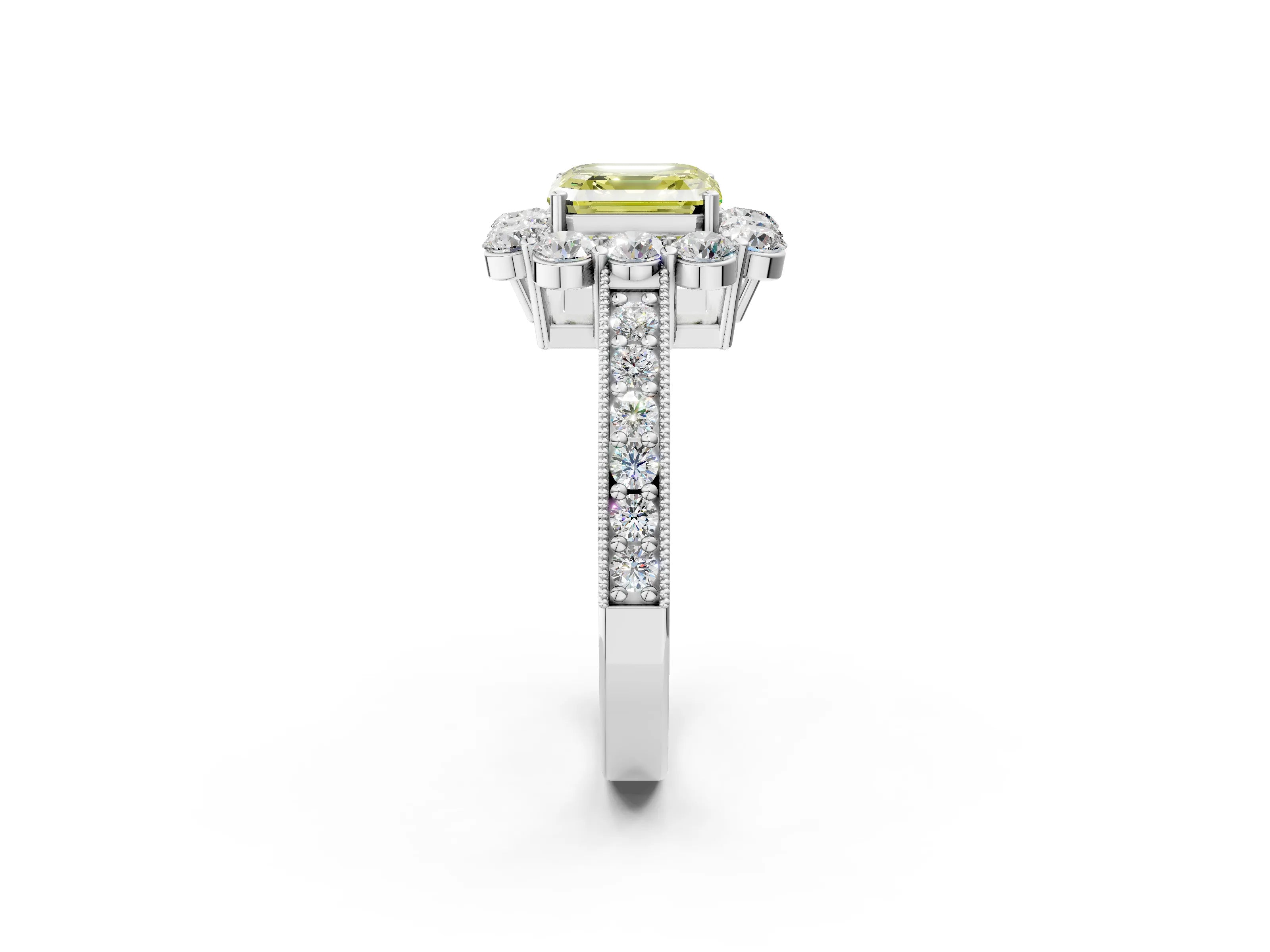 White gold Fancy Yellow Asscher Cut Cut Halo Diamond Pavé Engagement Ring with Milgrain Detailing_14