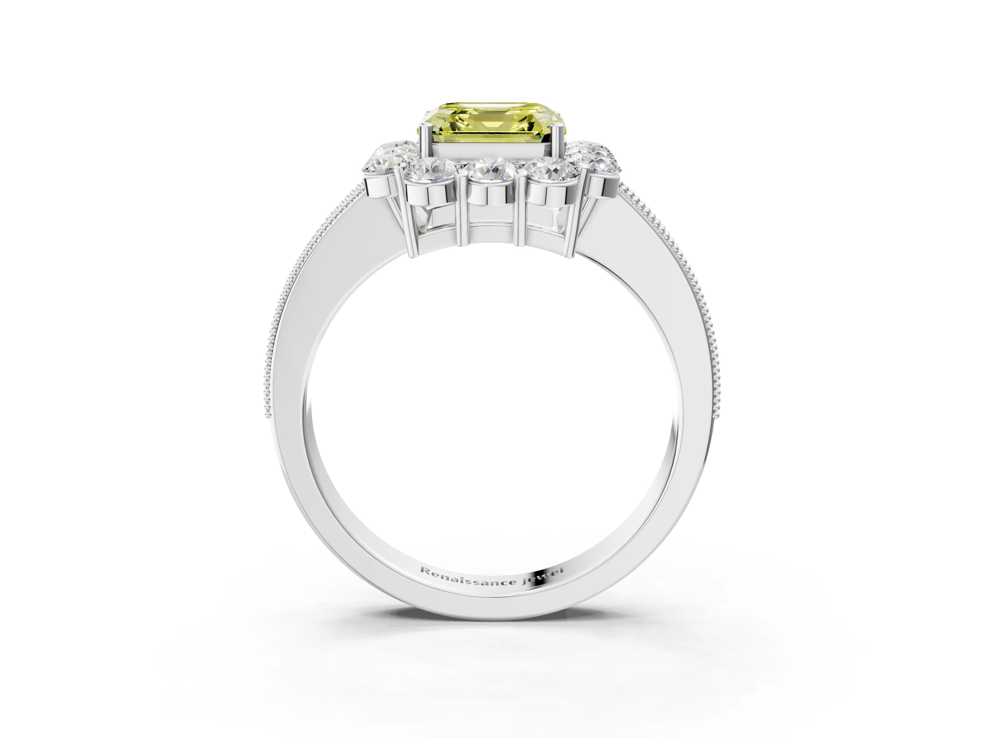 White gold Fancy Yellow Asscher Cut Cut Halo Diamond Pavé Engagement Ring with Milgrain Detailing_15