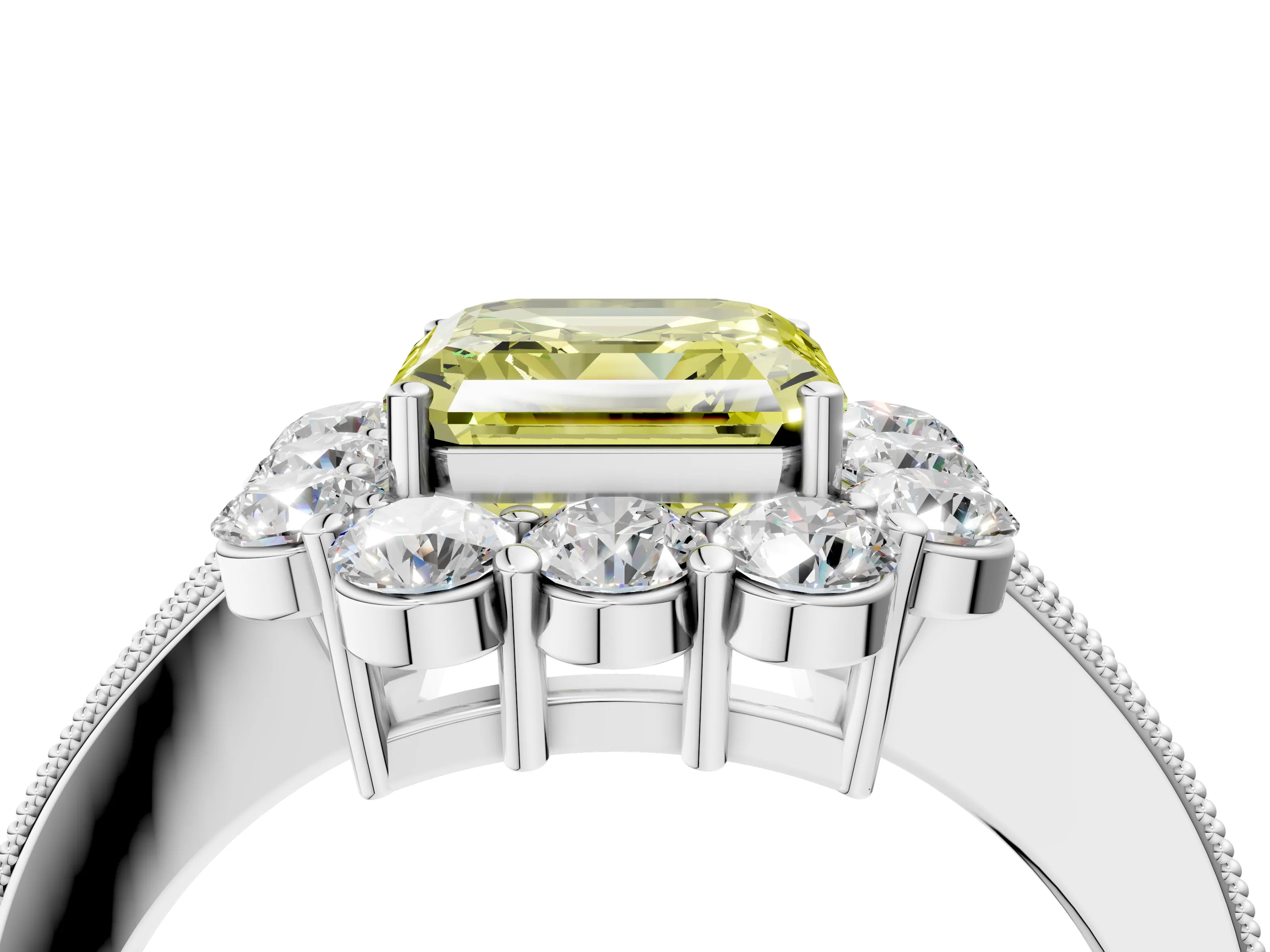White gold Fancy Yellow Asscher Cut Cut Halo Diamond Pavé Engagement Ring with Milgrain Detailing_16