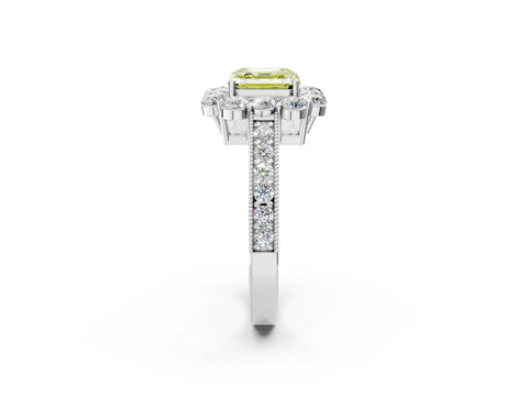 White gold Fancy Yellow Asscher Cut Cut Halo Diamond Pavé Engagement Ring with Milgrain Detailing_2