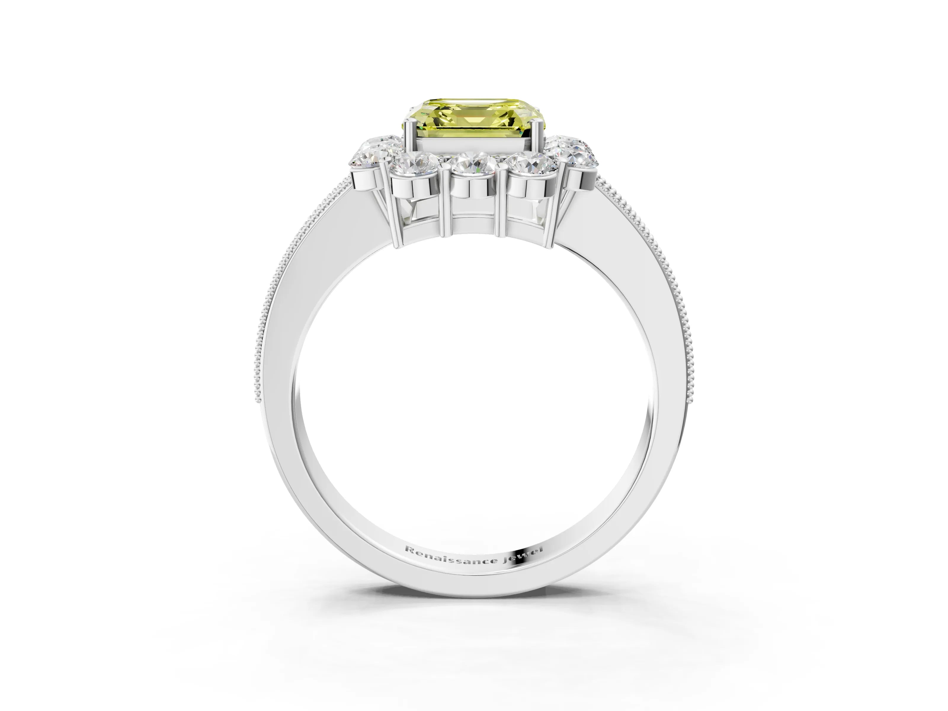 White gold Fancy Yellow Asscher Cut Cut Halo Diamond Pavé Engagement Ring with Milgrain Detailing_3