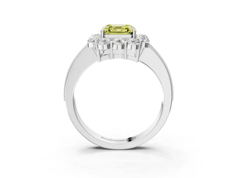 White gold Fancy Yellow Asscher Cut Cut Halo Diamond Pavé Engagement Ring with Milgrain Detailing_3