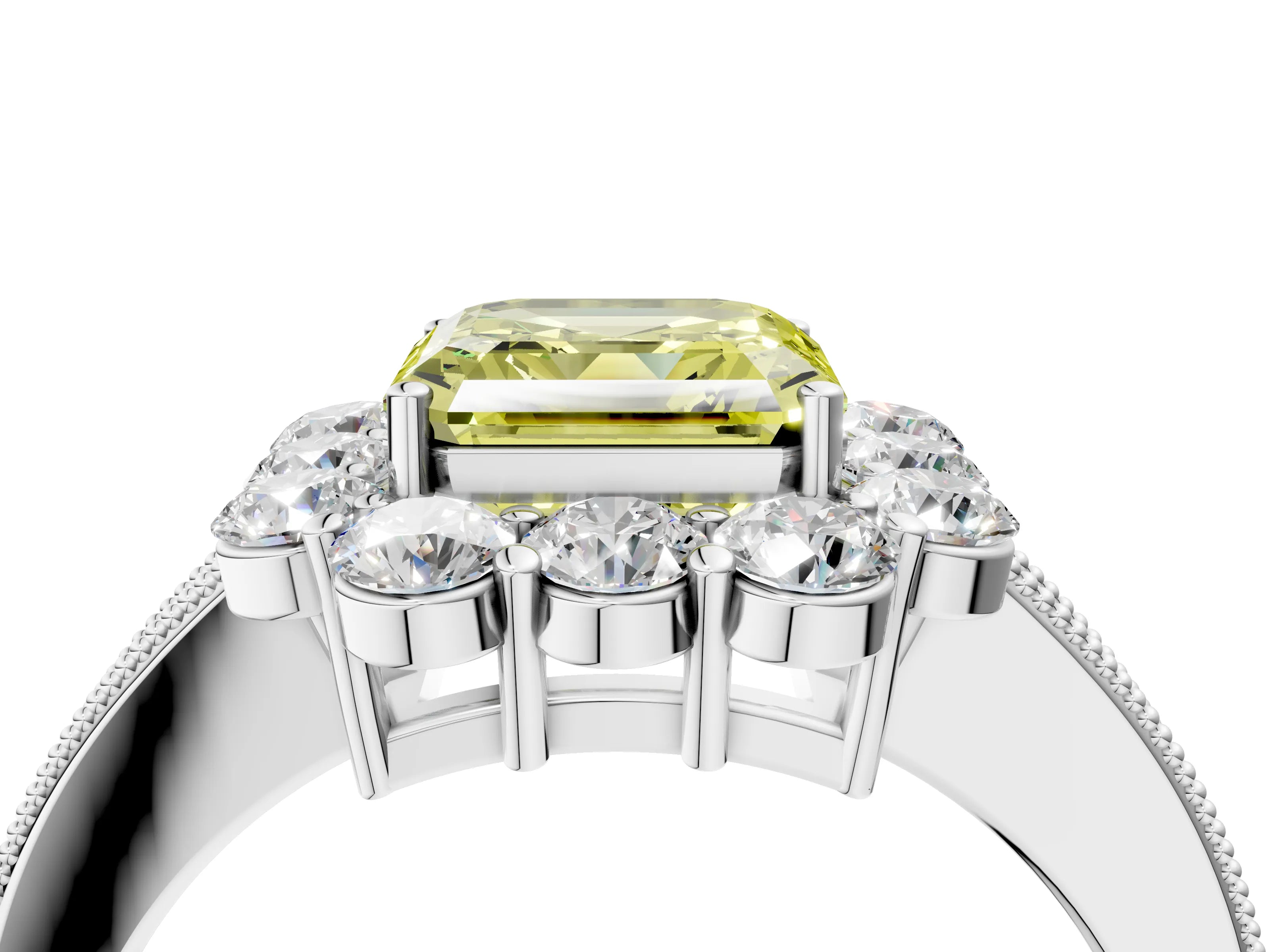White gold Fancy Yellow Asscher Cut Cut Halo Diamond Pavé Engagement Ring with Milgrain Detailing_4