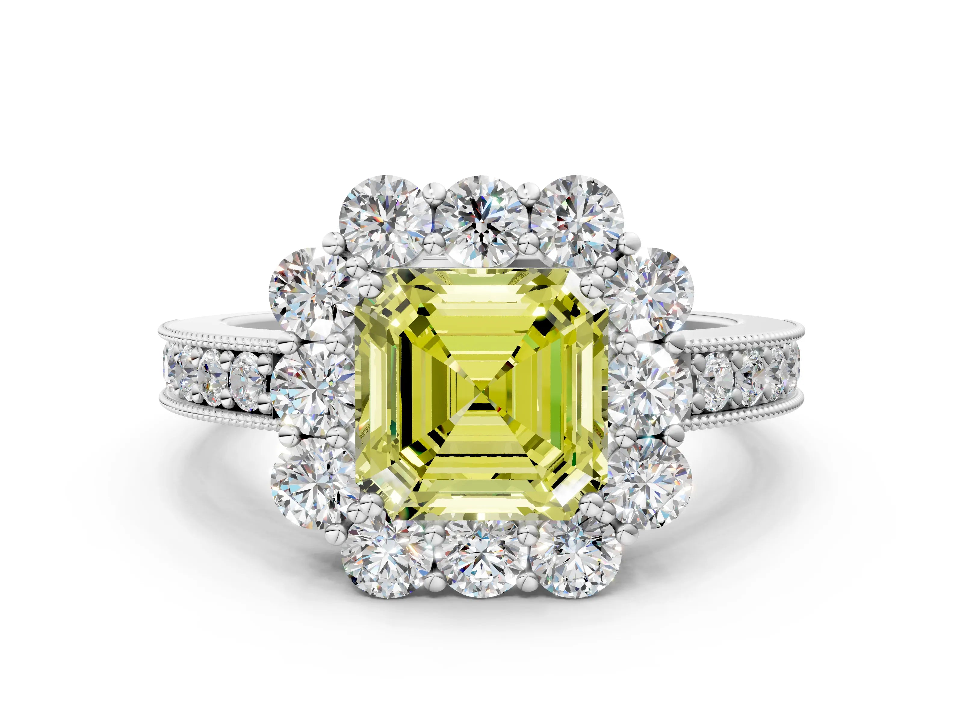 White gold Fancy Yellow Asscher Cut Cut Halo Diamond Pavé Engagement Ring with Milgrain Detailing