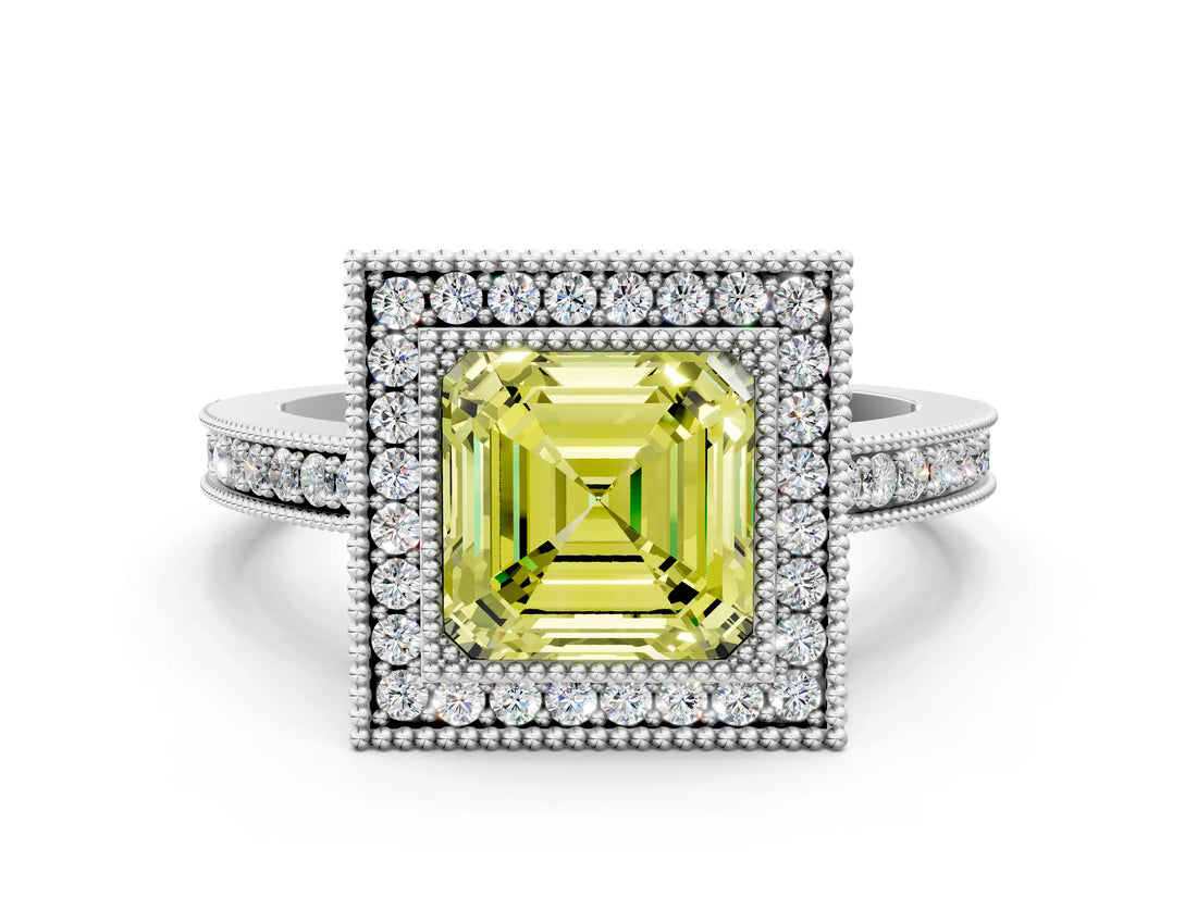 White gold Fancy Yellow Asscher Cut Cut Halo Pavé Diamond Ring