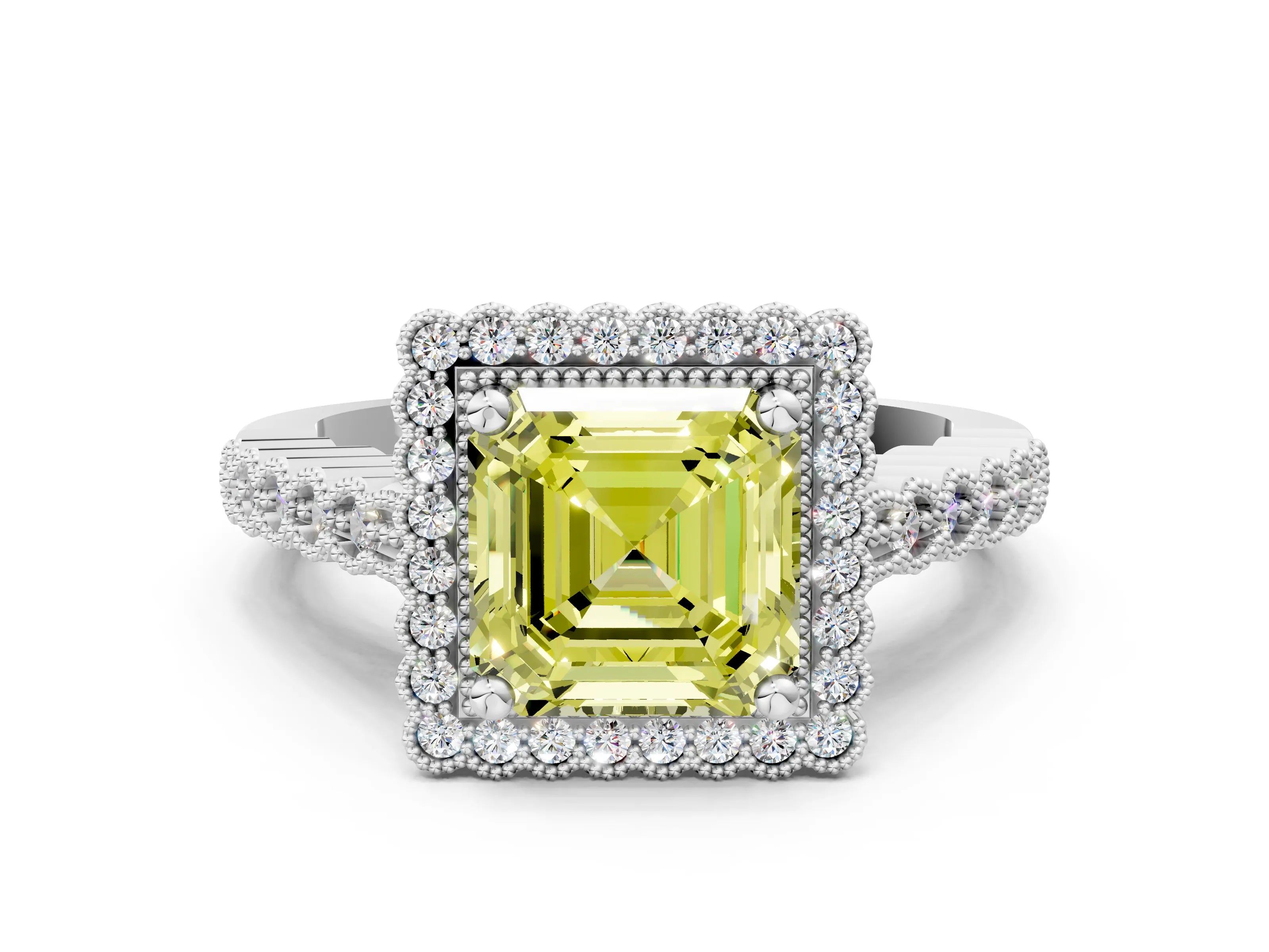 White gold Fancy Yellow Asscher Cut Cut Halo Pavé Solitaire Ring with Milgrain Band_12