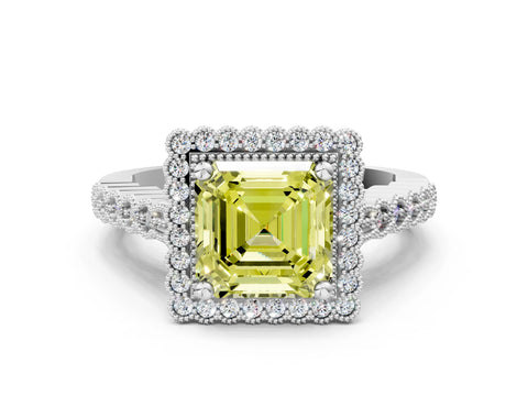 White gold Fancy Yellow Asscher Cut Cut Halo Pavé Solitaire Ring with Milgrain Band_12