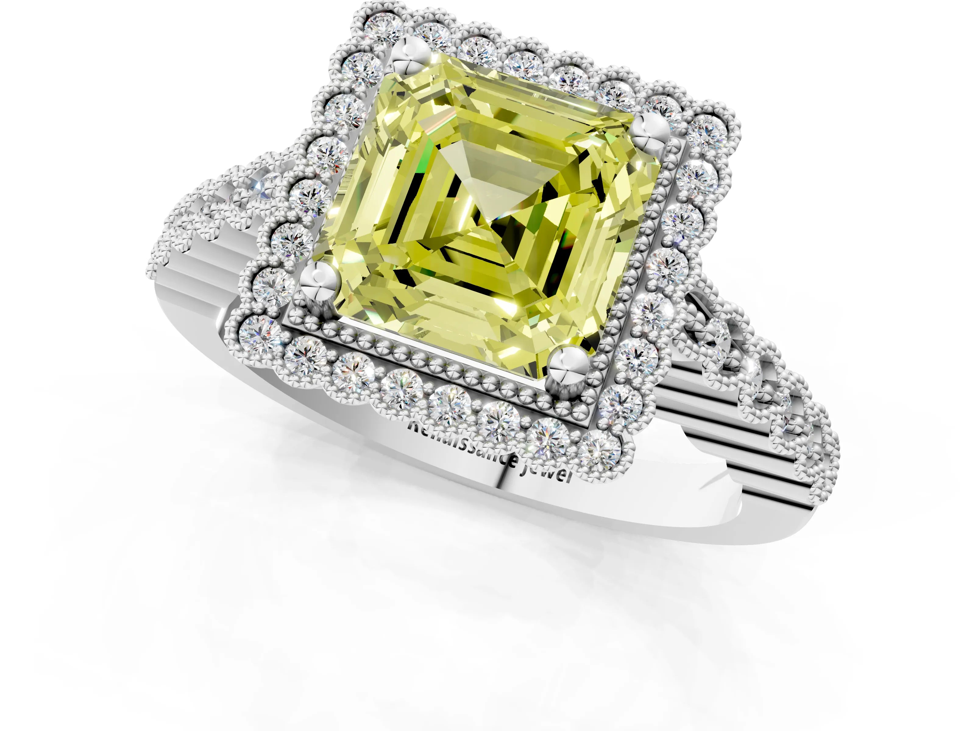 White gold Fancy Yellow Asscher Cut Cut Halo Pavé Solitaire Ring with Milgrain Band_13