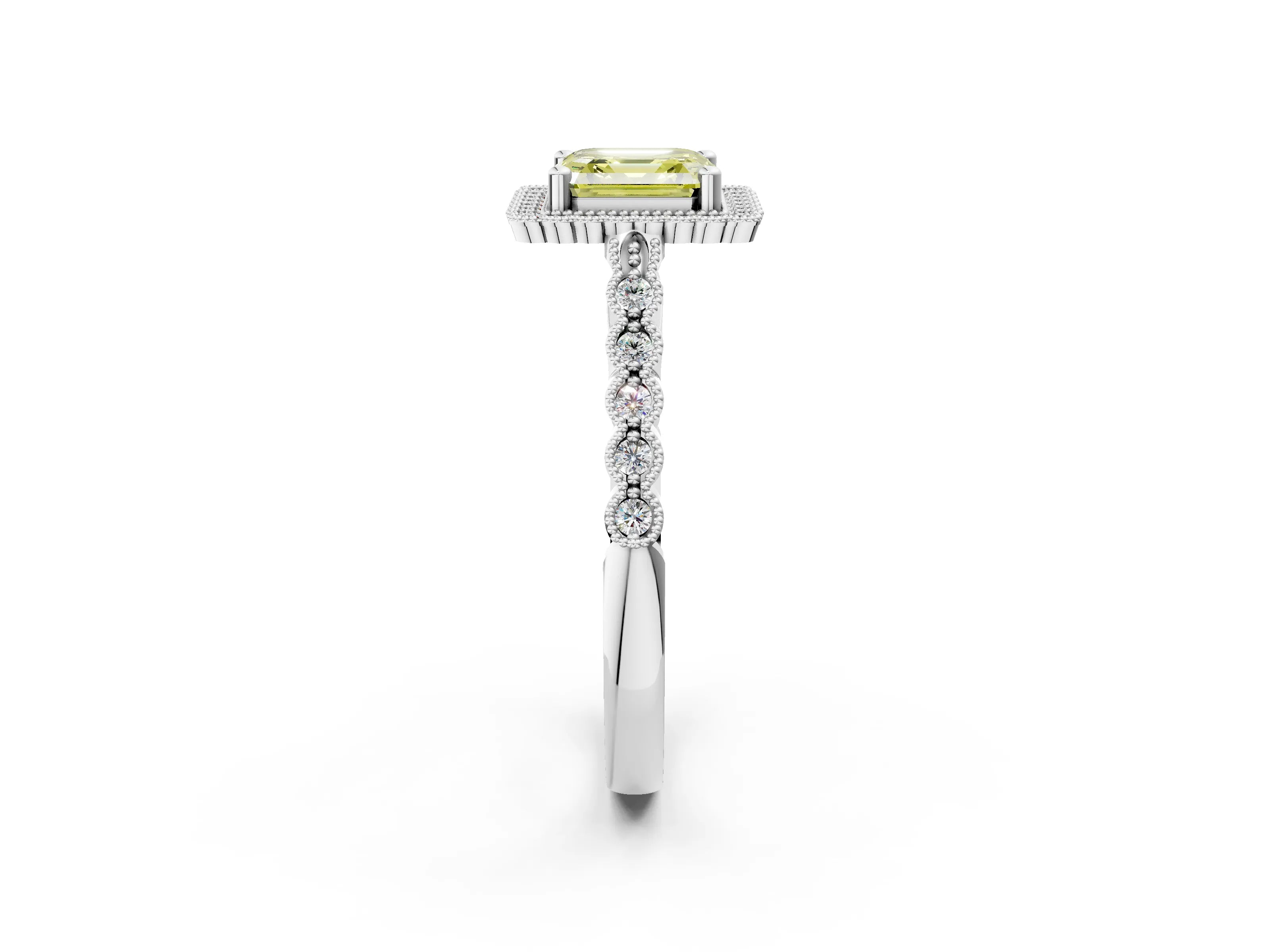 White gold Fancy Yellow Asscher Cut Cut Halo Pavé Solitaire Ring with Milgrain Band_14