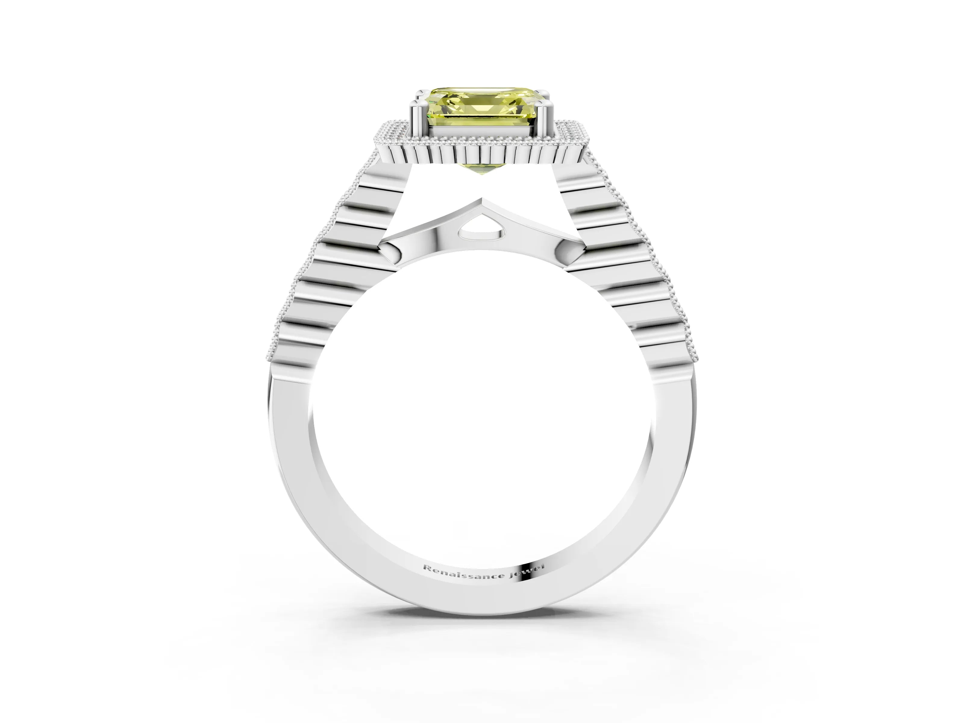 White gold Fancy Yellow Asscher Cut Cut Halo Pavé Solitaire Ring with Milgrain Band_15