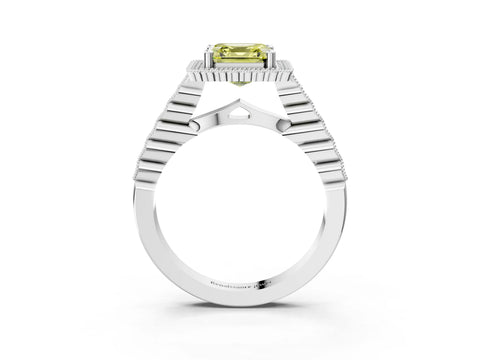 White gold Fancy Yellow Asscher Cut Cut Halo Pavé Solitaire Ring with Milgrain Band_15
