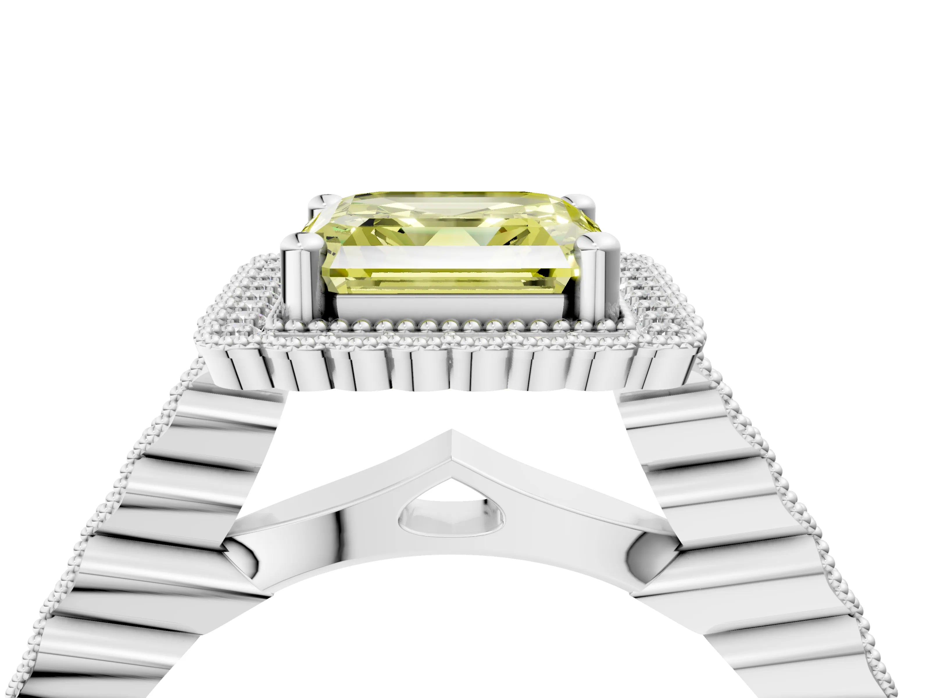 White gold Fancy Yellow Asscher Cut Cut Halo Pavé Solitaire Ring with Milgrain Band_16