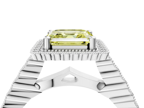 White gold Fancy Yellow Asscher Cut Cut Halo Pavé Solitaire Ring with Milgrain Band_16