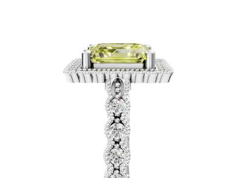 White gold Fancy Yellow Asscher Cut Cut Halo Pavé Solitaire Ring with Milgrain Band_17