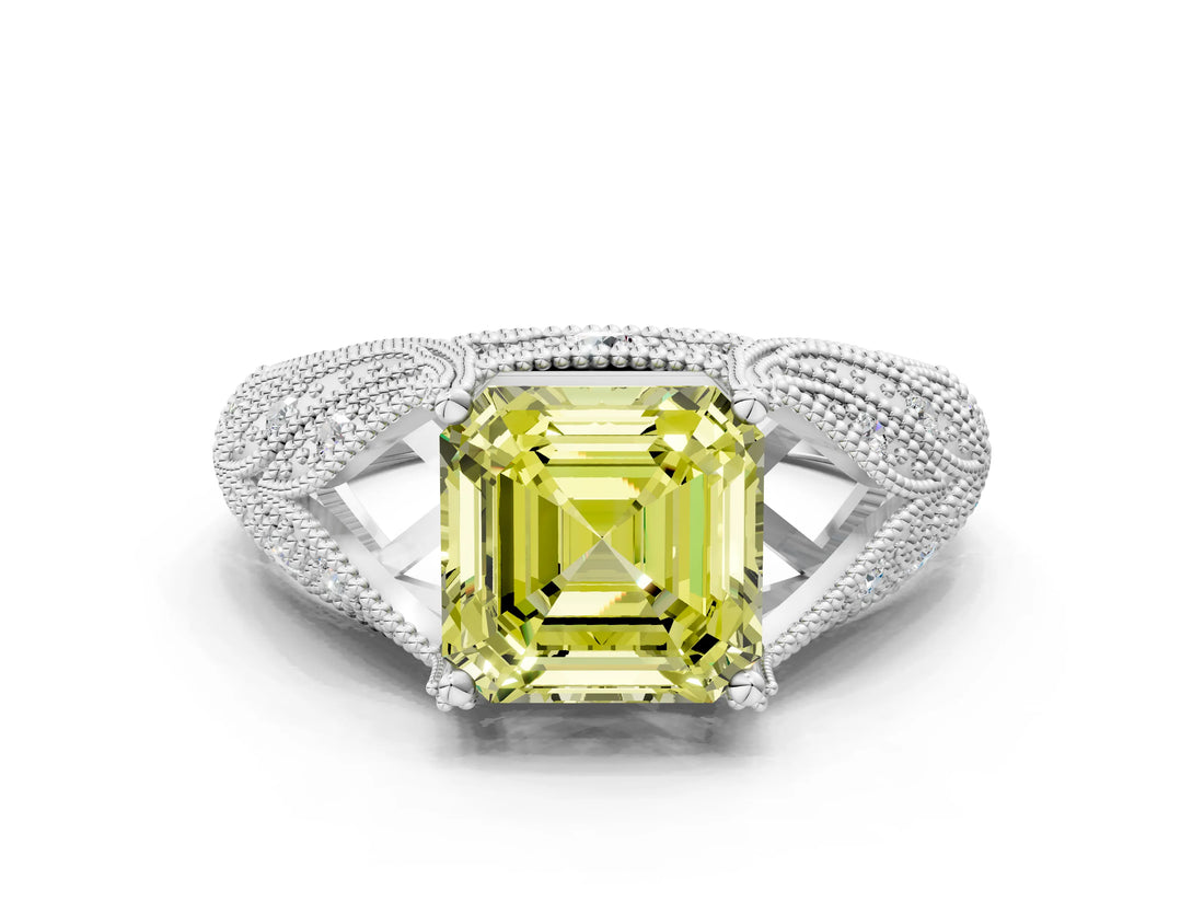 White gold Fancy Yellow Asscher Cut Cut Milgrain Pave Diamond Engagement Ring with Four-Prong Setting_15