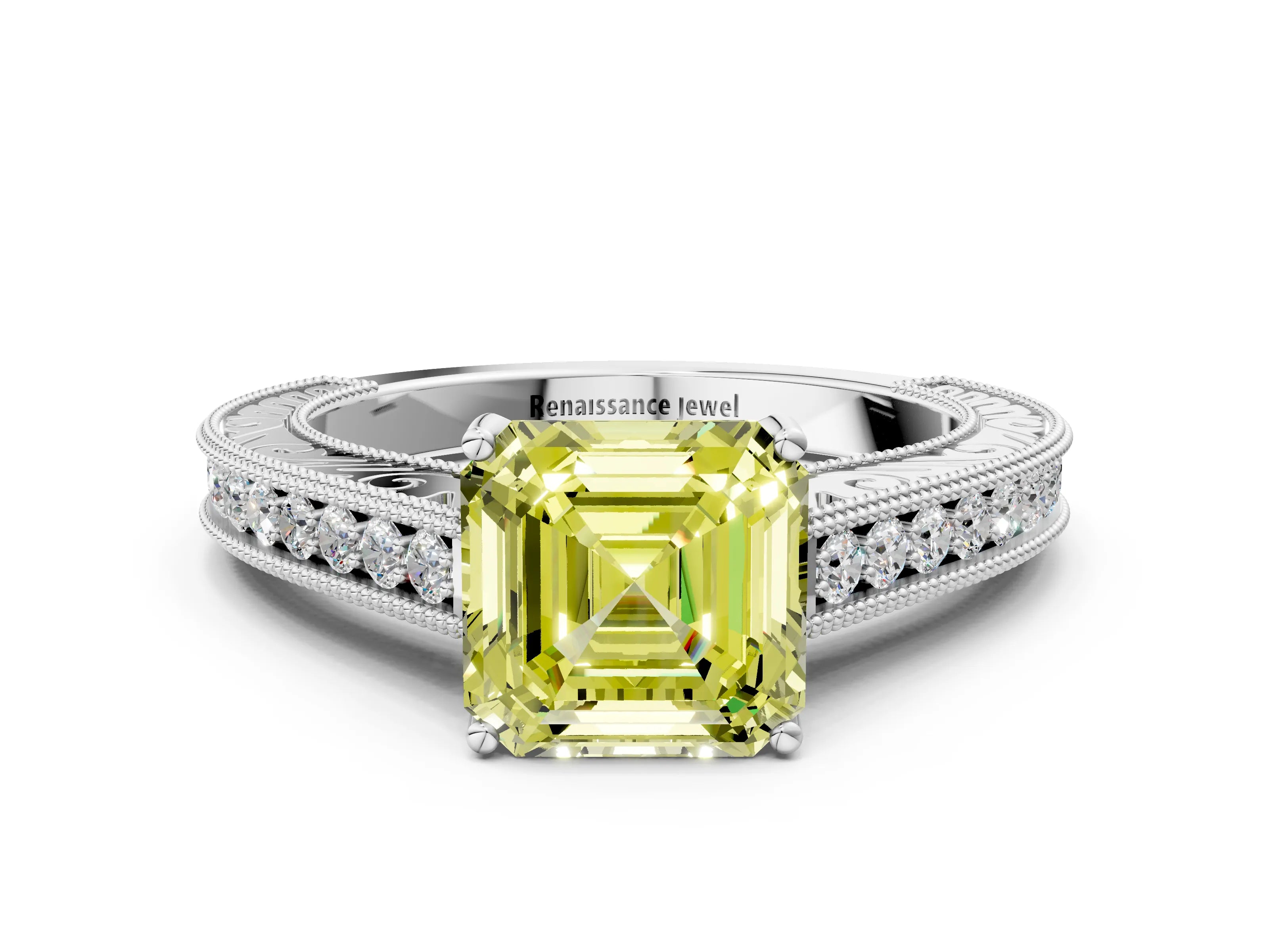 White gold Fancy Yellow Asscher Cut Cut Pave Band Milgrain Solitaire Ring