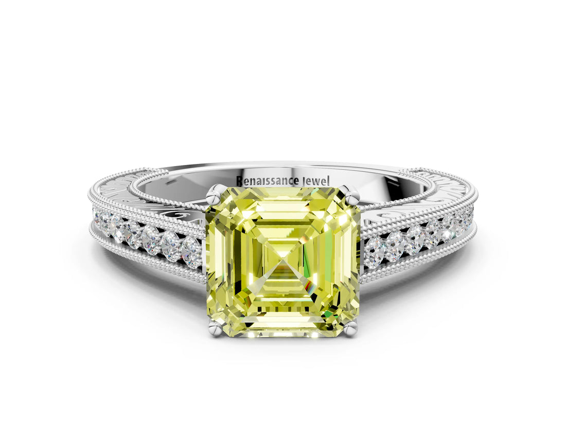 White gold Fancy Yellow Asscher Cut Cut Pave Band Milgrain Solitaire Ring