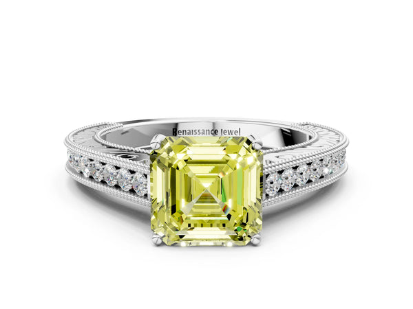 Platinum Asscher Cut Vintage Pave Engagement Ring Setting for Fancy Yellow Center